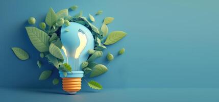 Paper cut of eco friendly light bulb banner with copy space, Renewable and sustainable energy. photo