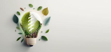 Paper cut of eco friendly light bulb banner with copy space, Renewable and sustainable energy. photo