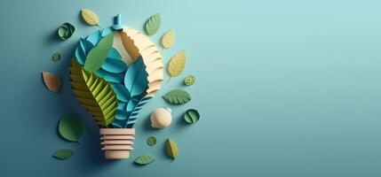 Paper cut of eco friendly light bulb with green leaves, Renewable and sustainable energy concept. photo
