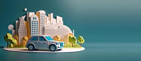 Eco friendly car banner with copy space paper cut style, Renewable and sustainable energy. photo