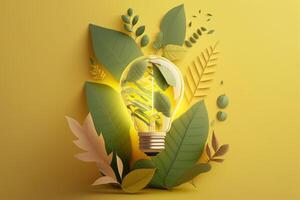 Paper cut of eco friendly light bulb with green leaves, Renewable and sustainable energy concept. photo