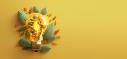 Paper cut of eco friendly light bulb banner with copy space, Renewable and sustainable energy. photo