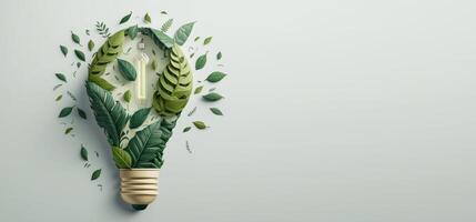 Paper cut of eco friendly light bulb banner with copy space, Renewable and sustainable energy. photo