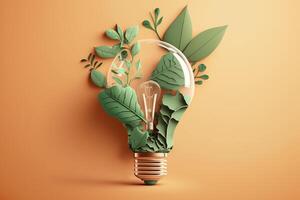 Paper cut of eco friendly light bulb with green leaves, Renewable and sustainable energy concept. photo