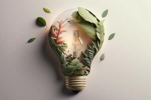 Paper cut of eco friendly light bulb with green leaves, Renewable and sustainable energy concept. photo