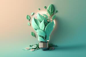 Paper cut of eco friendly light bulb with green leaves, Renewable and sustainable energy concept. photo