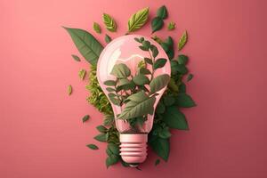 Paper cut of eco friendly light bulb with green leaves, Renewable and sustainable energy concept. photo