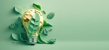 Paper cut of eco friendly light bulb banner with copy space, Renewable and sustainable energy. photo