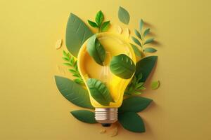 Paper cut of eco friendly light bulb with green leaves, Renewable and sustainable energy concept. photo