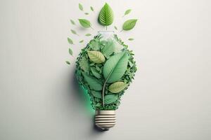 Paper cut of eco friendly light bulb with green leaves, Renewable and sustainable energy concept. photo