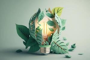 Paper cut of eco friendly light bulb with green leaves, Renewable and sustainable energy concept. photo