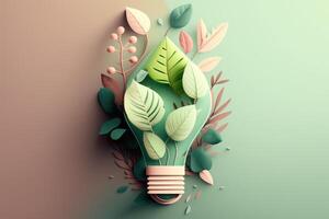 Paper cut of eco friendly light bulb with green leaves, Renewable and sustainable energy concept. photo