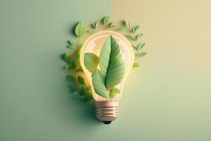 Paper cut of eco friendly light bulb with green leaves, Renewable and sustainable energy concept. photo
