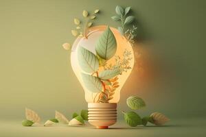 Paper cut of eco friendly light bulb with green leaves, Renewable and sustainable energy concept. photo