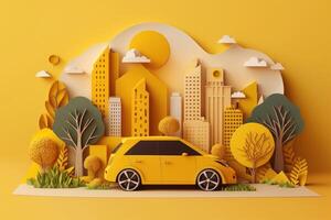 Eco friendly car with cityscape paper cut style, Renewable and sustainable energy concept. photo