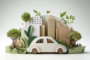 Eco friendly car with cityscape paper cut style, Renewable and sustainable energy concept. photo