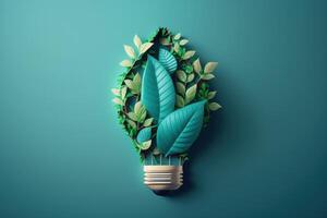 Paper cut of eco friendly light bulb with green leaves, Renewable and sustainable energy concept. photo