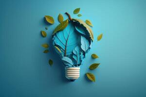 Paper cut of eco friendly light bulb with green leaves, Renewable and sustainable energy concept. photo