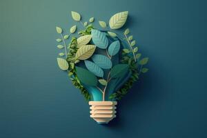 Paper cut of eco friendly light bulb with green leaves, Renewable and sustainable energy concept. photo