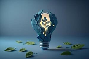 Paper cut of eco friendly light bulb with green leaves, Renewable and sustainable energy concept. photo