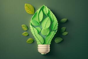 Paper cut of eco friendly light bulb with green leaves, Renewable and sustainable energy concept. photo