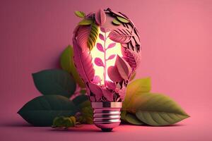 Paper cut of eco friendly light bulb with green leaves, Renewable and sustainable energy concept. photo