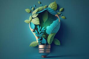 Paper cut of eco friendly light bulb with green leaves, Renewable and sustainable energy concept. photo