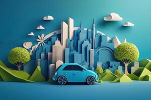 Eco friendly car with cityscape paper cut style, Renewable and sustainable energy concept. photo