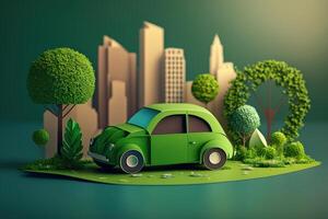 Eco friendly car with cityscape paper cut style, Renewable and sustainable energy concept. photo