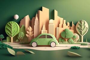 Eco friendly car with cityscape paper cut style, Renewable and sustainable energy concept. photo