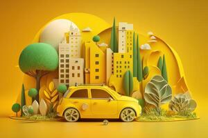 Eco friendly car with cityscape paper cut style, Renewable and sustainable energy concept. photo