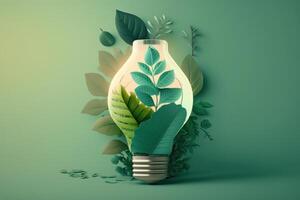 Paper cut of eco friendly light bulb with green leaves, Renewable and sustainable energy concept. photo