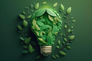 Paper cut of eco friendly light bulb with green leaves, Renewable and sustainable energy concept. photo