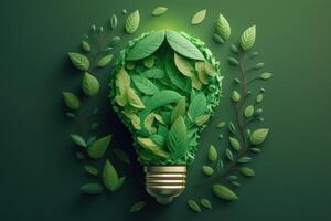 Paper cut of eco friendly light bulb with green leaves, Renewable and sustainable energy concept. photo
