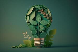 Paper cut of eco friendly light bulb with green leaves, Renewable and sustainable energy concept. photo
