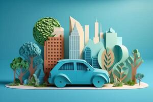 Eco friendly car with cityscape paper cut style, Renewable and sustainable energy concept. photo