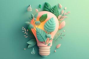 Paper cut of eco friendly light bulb with green leaves, Renewable and sustainable energy concept. photo