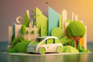 Eco friendly car with cityscape paper cut style, Renewable and sustainable energy concept. photo