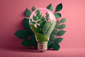 Paper cut of eco friendly light bulb with green leaves, Renewable and sustainable energy concept. photo