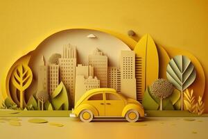 Eco friendly car with cityscape paper cut style, Renewable and sustainable energy concept. photo