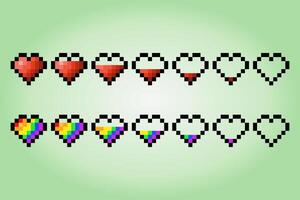 collection of heart in pixel art. for 8 bit games. Pixel health bar of heart. vector