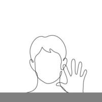 man looks out from above and waves, only his head and palm sticks out - one line drawing vector. the concept of being high, falling to the bottom, disappearing from view vector