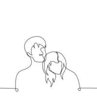 woman laid her head on the chest of a man - one line drawing vector. touch concept, couple vector