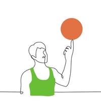 hombre en un baloncesto verde uniforme giros el pelota en su índice dedo - uno línea dibujo vector. el concepto de un profesional truco, el pelota en el dedo vector