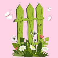 Spring clip art with wild flowers, butterflies and green fence. Dandelions, tulips, daisies vector