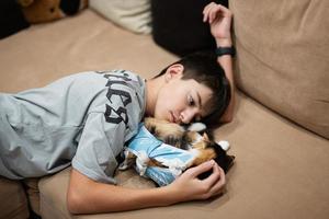 Teenager boy with sleep cat in a bandage after surgery. Care of a pet after cavitary operation sterilization. photo