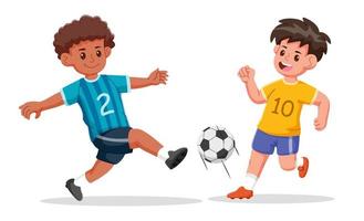 Boys playing football together, two happy little kids playing football. Vector illustration