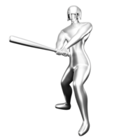 3d argent base-ball joueur agrafe art frappe avec une base-ball chauve souris. vu de le devant. png