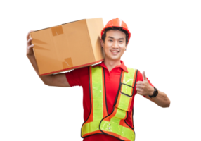 Male worker in hardhat holding cardboard box walking through in retail warehouse, Warehouse worker working in factory warehouse, Man carrying box and showing thumbs up png