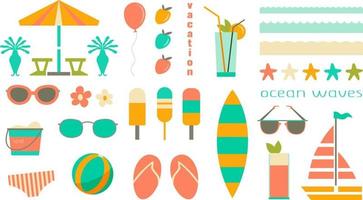 vector colección de verano objetos en un plano estilo, sencillo verano pegatinas, estacional ilustraciones.